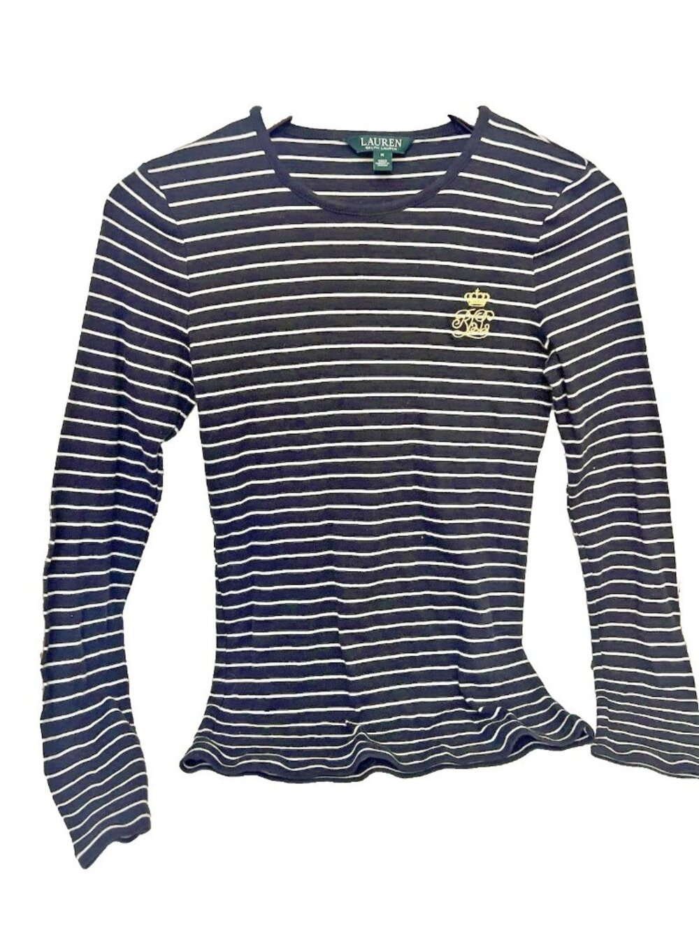 Ralph Lauren Top Black Striped Size M Crest Logo Nautical Coastal.    G
